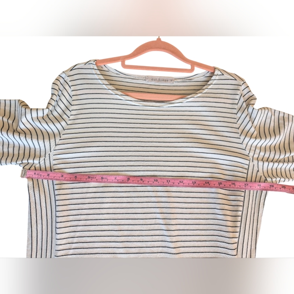 Cut Loose Vertical And Horizontal Black And White Stripe Boatneck 3/4 Sleeve Tee - Picture 5 of 9